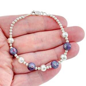 1990's Sterling Silver Purple Cat’s Eye Glass Beaded Bracelet 7.5 Inches